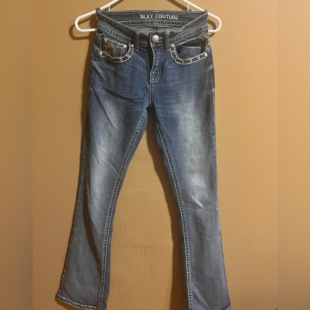 Sexy Couture Jeans, Bootcut, Size 2, Dark Blue jeans, Form Fit, Stretchy Waist